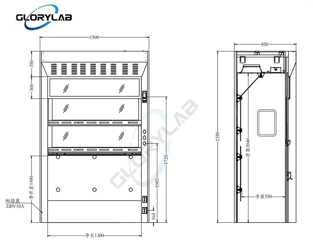 drawing of walk in fume hood